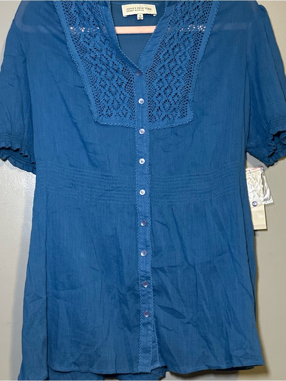 Jones New York Blue Crochet Yoke Button Front Top